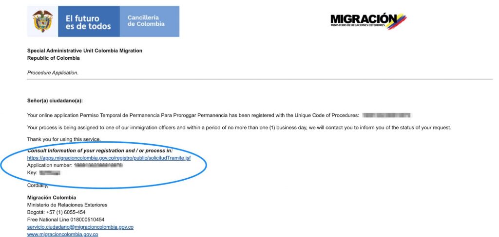 Colombia visa extension email from Migraciones