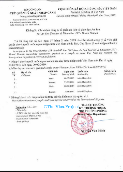 Vietnam visa approval letter